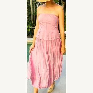 Free People Milan Midi Dress Pink Strapless Corset A-Line Boho L